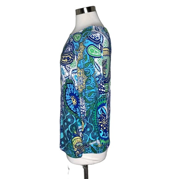 Chico’s 2 bell sleeve top paisley print blue green - Picture 3 of 9